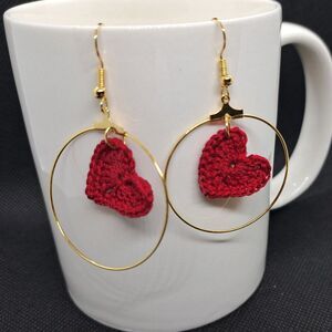 Goldtone Hoop Dangle Earrings with Red Crocheted Heart- Handmade